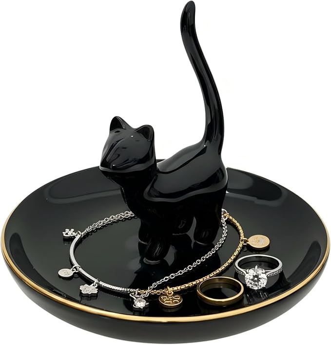 ROSA&ROSE Cat Ring Holder Trinket Tray Ceramic Jewelry Dish Porcelain Ring OrganizerâGift for Women,Girlfriend,Wife,Birthday or Anniversary (Black)