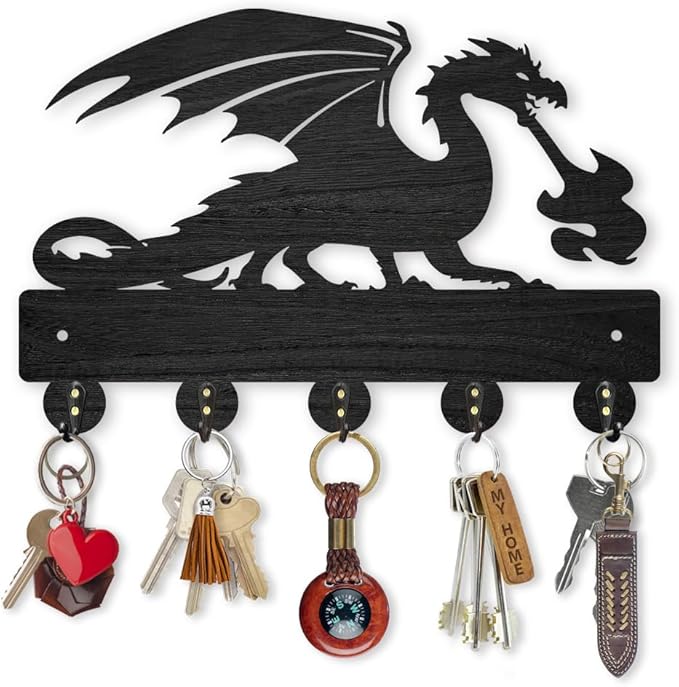 MAYJOYDIY Dragon Coat Rack Wall Mount Wood Fire Dragon Key Holder for Wall 11.8×7.9inch Dragon Spitting Fire Key Rack 5 Alloy Hooks Decorative Key Hanger for Entryway Room Front Door Gift
