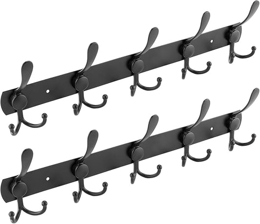 Black Wall Mounted Coat Rack – L-Shaped Towel Rack for Hats - 5 Tri Hooks, Heavy Duty, Stainless Steel, Metal Coat Hook Rail for Coat Hat Towel Purse Robes Mudroom Bathroom Entryway (Black, 2 Packs)