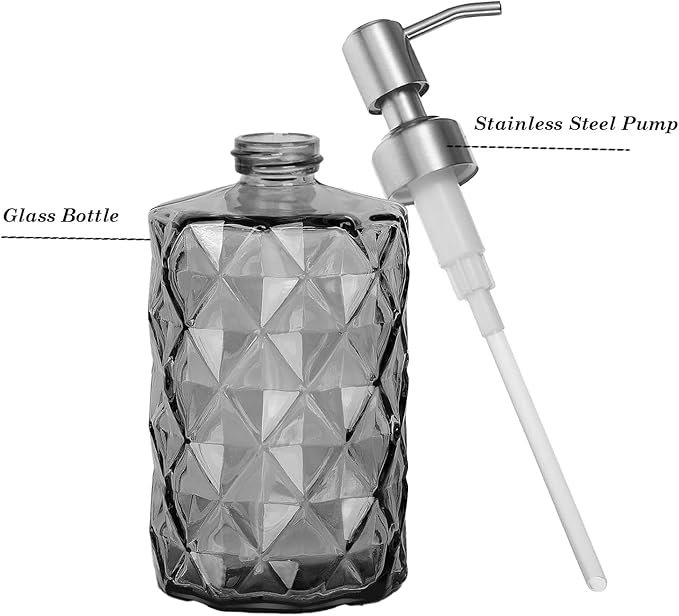 12Oz Gray Glass Soap Dispenser with Stainless Steel Pump, Refillable Kitchen Liquid Hand Soap Dispenser with Diamond Design, for Dispense Hand soap, Dish Soap, Lotion, Bathroom, Countertop, Hotel