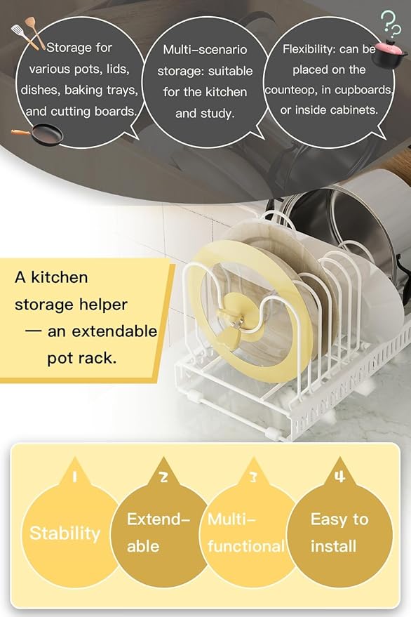 Pot and Pan Organizer for Cabinet & Drawer, Expandable Pan and Lid Rack with Handle Support Bar, Adjustable Cookware Storage for Pots, Lids, Bakeware