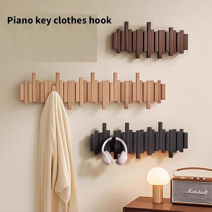 ELECANE Piano Coat Rack Wall Mount, Wooden Piano Key Coat Rack with Flip Down Magnetic Hooks, Wall Mounted Coat Hanger for Entryway Bedroom Kitchen (Walnut, 8Hooks)