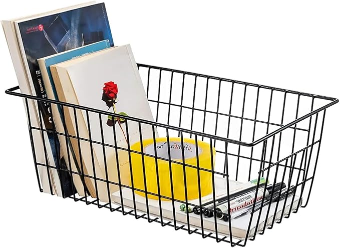 Redrubbit Wire Storage Baskets, Large Farmhouse Metal Freezer Basket Storage Organizer Bins with Handles for Kitchen Cabinets, Pantry, Closets, Bedrooms, Bathrooms, Set of 4, Black