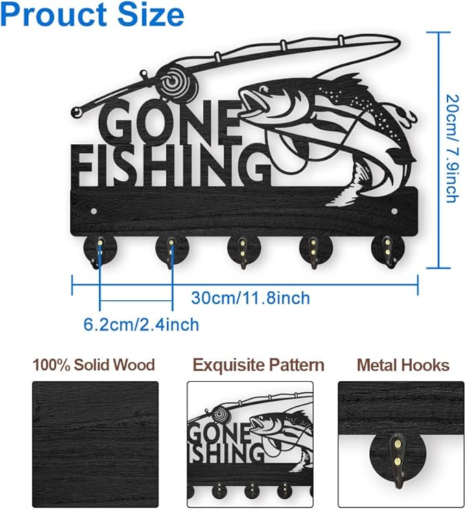 MAYJOYDIY Wood Gone Fishing Coat Rack Wall Mount Key Holder for Wall 11.87.9inch Black Lake Fish Key Rack Hangers 5 Alloy Hooks Wall Art Decor for Entryway Front Door Lover Gift