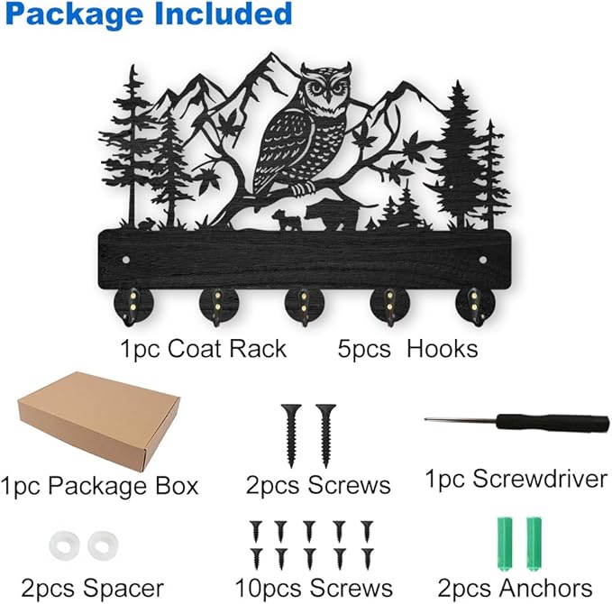 MAYJOYDIY Owl Mountain Forest Coat Rack 11.8×7.9inch Wood Bear Family Key Holder for Wall Autumn Forest Animal Wall Key Hooks Hanger 5 Alloy Hooks Key Rack for Home Art Decor Entryway Gift