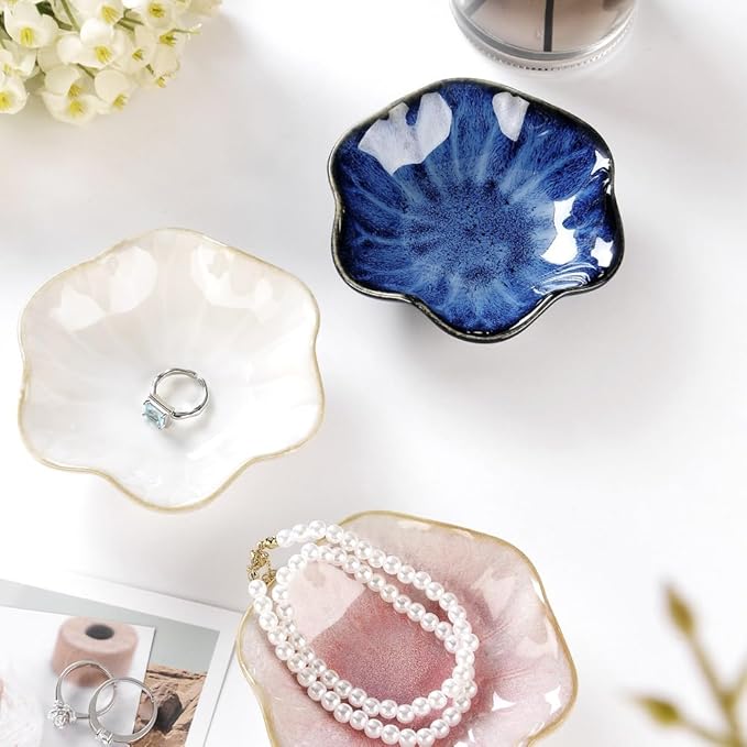 2PCS Lotus Leaf Shape Ring Holder Dish, Small Key Bowl, Ceramic Trinket Tray Jewelry Dish Organizing Necklace Earrings for Mom Friend Sister, All Jewelries Are NOT Included. Blue+Pink.â¦