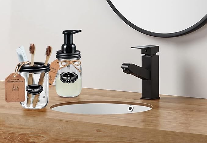 Mason Jar Toothbrush Holder -Black - with 16 Ounce Mason Jar,Premium Rustproof 304 Stainless Steel Lid and Chalkboard Labels - Rustic Farmhouse Decor Black Bathroom Accessories