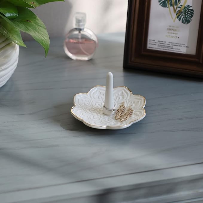 HOME SMILE Ceramic White Mandala Ring Holder,Decorative Jewelry Dish Tray, Engagement Wedding Birthday Valentines's Day Gifts for Women