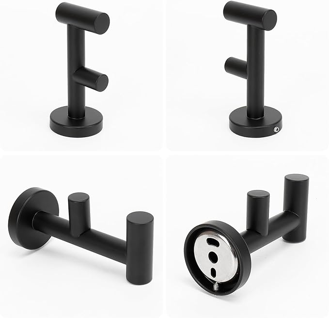 NearMoon Bathroom Double Towel Hook- SUS304 Stainless Steel Robe Towel Holder, Heavy Duty Double Coat Hook for Bathroom Livingroom Kitchen Wall Mounted (Matte Black-F, 2 Pack)