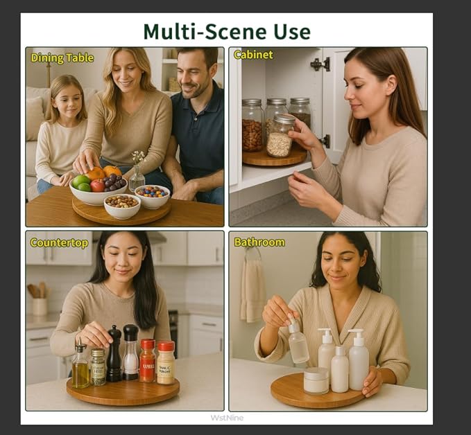 14'' Bamboo Wood Lazy Susan Organizer, Lazy Susans for Table Top, Deep Carbonized Rotating Tray, Sturdy Spinning Base, Non Slip, Spice Rack Organzier, Turntable for Kitchen Cabinet, Countertop, Pantry