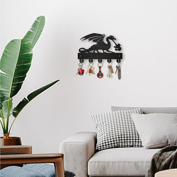 MAYJOYDIY Dragon Coat Rack Wall Mount Wood Fire Dragon Key Holder for Wall 11.8×7.9inch Dragon Spitting Fire Key Rack 5 Alloy Hooks Decorative Key Hanger for Entryway Room Front Door Gift
