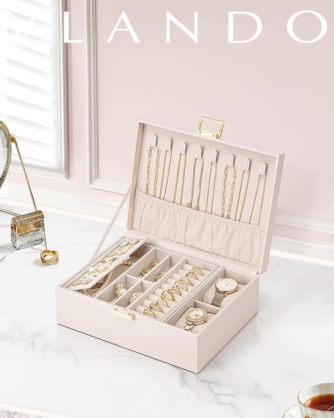 VLANDO 2 Layer Jewelry Boxes Large Jewelry Organizer for Women Removable Jewelery Tray for Watch Necklace Earrings Rings Bracelets Wedding Gifts Bride Gifts(Apricot White)