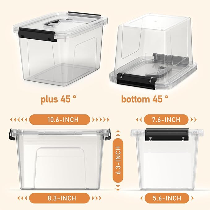 8-Pack Storage Latch Bins with Lids/Handle, 5 Quart Clear Plastic Latching Organize Box, Stackable Storage Containers for Organizing