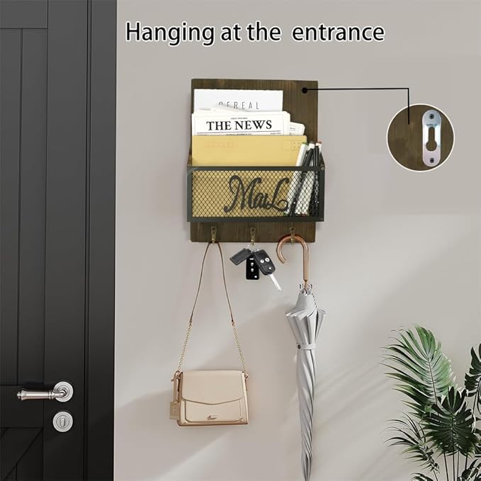 Key and Mail Holder for Wall, Farmhouse Mail and Key Organizer, Wood Mail Sorter with 3 Key Hooks for Doorway Entryway Hallway, Brown