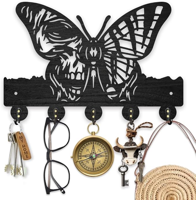 MAYJOYDIY Wooden Skeleton Butterfly Key Hook Insect Skull Coat Holder for Wall 11.8×7.8 inch Black Art Key Holder with 5 Alloy Hooks for Entryway Bedroom Living Room Home Decor