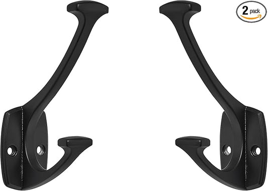 2 Pack Matte Black Hooks Decorative Heavy Duty Solid Large Coat Hooks for Towel Hanging Coats Robe Wall Mounted Towel Bags Door Back Bathroom Wall Hook.