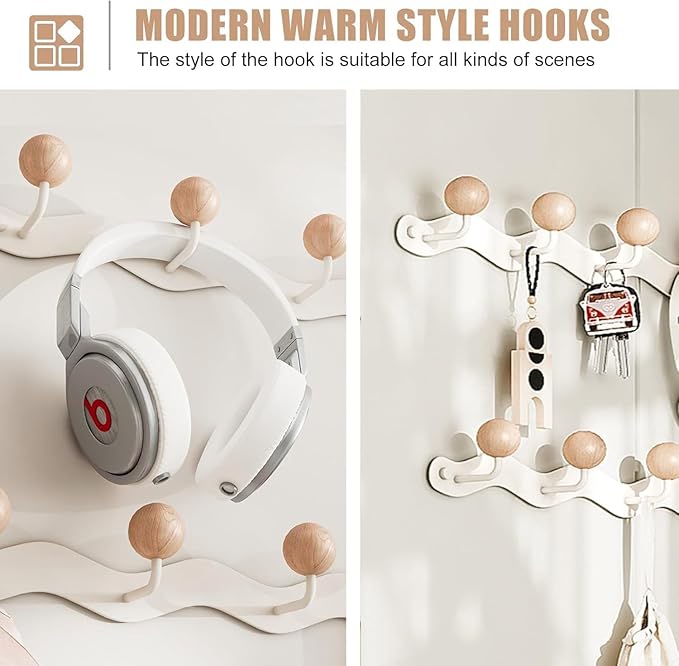 2 Pack Coat Rack Wall Mount,White Wall Hooks,Anti-Tear Wooden Ball Hook Rail, Heavy Duty Metal Coat Hanger Wall Mount for Entryway, Bathroom, Bedroom, Kitchen(White)