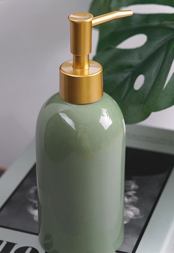 2Pack Ceramic Soap Dispenser Green with Gold Pump,Modern Design Cylindrical Lotion Dispenser Bottle,Refillable Liquid Hand Soap Dispenser for Kitchen,Bathroom,Washroom