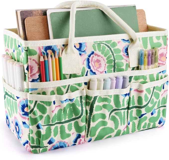 E-WEICHEN Craft Organizer Tote Bag Art Storage Caddy with Multiple Pockets Containers for Art,Craft,and Office Supplies Storage.Green Leaves Flower