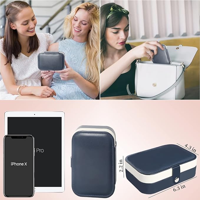 Travel Jewelry Box, Small Jewelry Organizer Boxes for Women Girls, 2 Layer Travel Jewlery Case, PU Leather Mini Portable Jewerly Storage Display Holder for Earrings, Ring, Necklaces, Bracelets - Blue