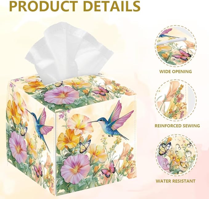 Flowers Tissue Box Holder, Hummingbird Square Tissue Box Cover Foldable Tissue Storage Box Waterproof Paper Towel Case Container Organizer Tissue Box Holder for Bedroom Office Bathroom Car