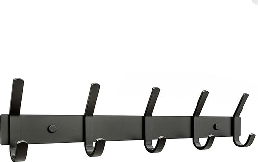 Matte Black Coat Rack Wall Mount – 15 Inch Stainless Steel Hook Rail with 5 Double Coat Hooks – Wall Mounted Entryway Organizer for Coats, Hats, Bags, Towels, Robes, Closet or Bathroom