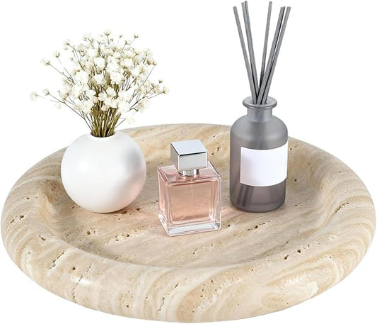 Natural Beige Travertine Vanity Tray - 8 Inch Round Stone Makeup & Jewelry Organizer Dish, Decorative Marble Tray for Bathroom Countertop, Coffee Table, Bedroom