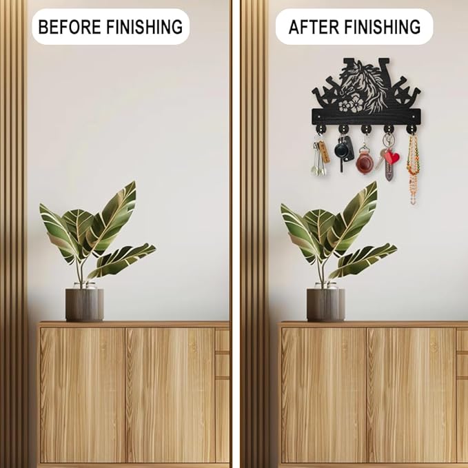 MAYJOYDIY Horse Horseshoe Coat Rack Wall Mount Farmhouse Western Wood Key Hooks for Wall 11.8×7.9inch Black Key Holder Hanger Rustic Style Wall Art Decor 5 Alloy Hooks for Gift Farm Hallway Entryway