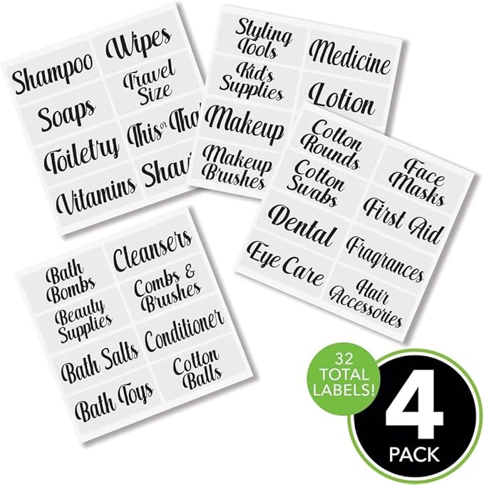 mDesign Home Organization Labels - Preprinted Label Stickers for Bathroom Storage and Cleaning - Household Organizing for Jars, Canisters, Containers, Bins, and Boxes - 32 Count - Clear/Black
