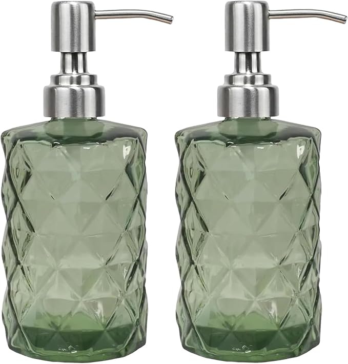 12Oz Green Soap Dispenser Bathroom - 2 Pack, Clear Glass Hand Soap Dispensers with Stainless Steel Pump, Refillable Dish Soap Dispenser for Kitchen, Countertop Soap Dispensers