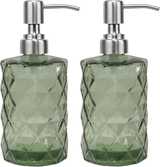 12Oz Green Soap Dispenser Bathroom - 2 Pack, Clear Glass Hand Soap Dispensers with Stainless Steel Pump, Refillable Dish Soap Dispenser for Kitchen, Countertop Soap Dispensers