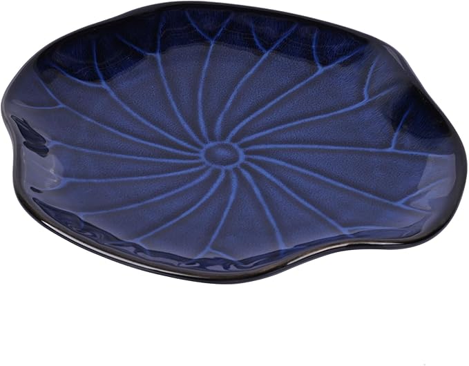 Blue Lotus Leaf-Shape Ceramic Decorative Tray, Navy Blue Decor Pottery Key Bowl, Candy Dish, Small Jewelry Trinket Tray for Bedroom, Centerpiece, Bedside Table, Living Room, Entryway Table (Blue)