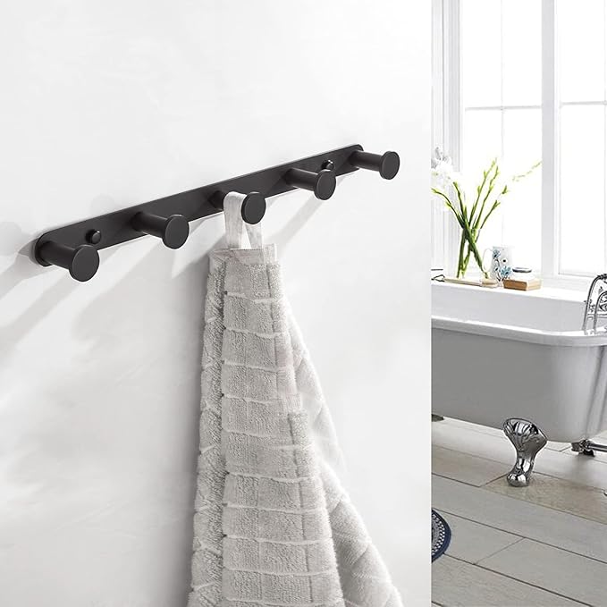 BigBig Home Black Bathroom Towel Hook, Coat Rack with 5 Hooks Wall Mount Matte Black Robe Hanger Heavy Duty Stainless Steel, 13 Inch