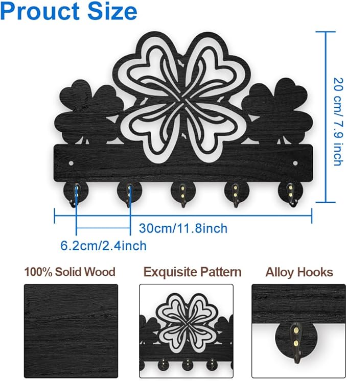 MAYJOYDIY Lucky Clover Key Holder for Wall 11.8x7.8inch Four Leaf Clover Key Hooks St.Patrick's Day Wood Key Hanger Rack with 5 Alloy Hooks for Entryway Front Door Kitchen Decor