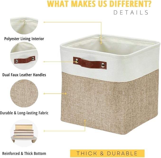 DECOMOMO 13 Inch Cube Storage Bins, Fabric Storage Cube, Basket for Kallax Shelves (Beige & White, Cube 13" - 4 Pack)