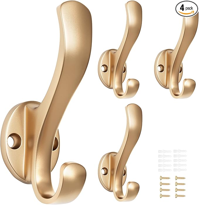 Coat Hooks Heavy Duty - Easy to Install Metal Towel Hooks Fashionable Wall Hooks for Hanging Hat, Towel, Key, Robe, Scarf, Bag, Cap (4 PCS Gold)