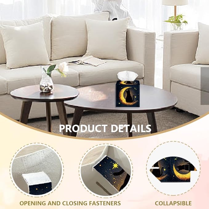 Moon Cat Tissue Box Holder, Starry Sky Square Tissue Box Cover Foldable Tissue Storage Box Waterproof Paper Towel Case Container Organizer Tissue Box Holder for Bedroom Office Car
