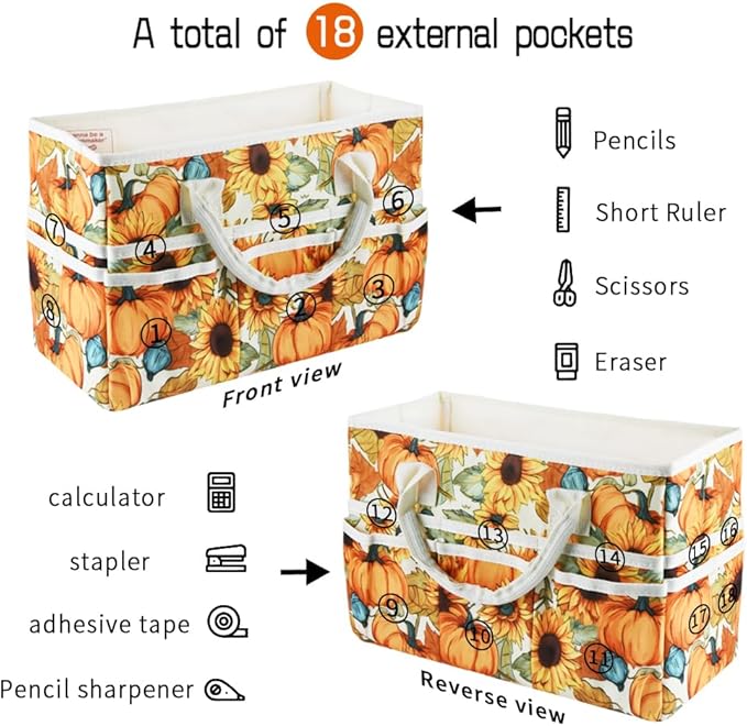 E-WEICHEN Craft Organizer Tote Bag Art Storage Caddy with Multiple Pockets Containers for Art,Craft,and Office Supplies Storage.Pumpkin Flower
