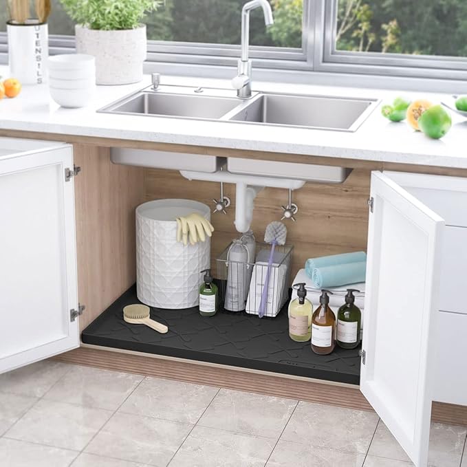 SIKADEER 25" x 22" Under Sink Mat Waterproof, Silicone Mat Kitchen Drawer Shelf and Cabinet Liner, Sink Protector for Kitchen Organizers and Storage, Boot Tray Pet Food Mats