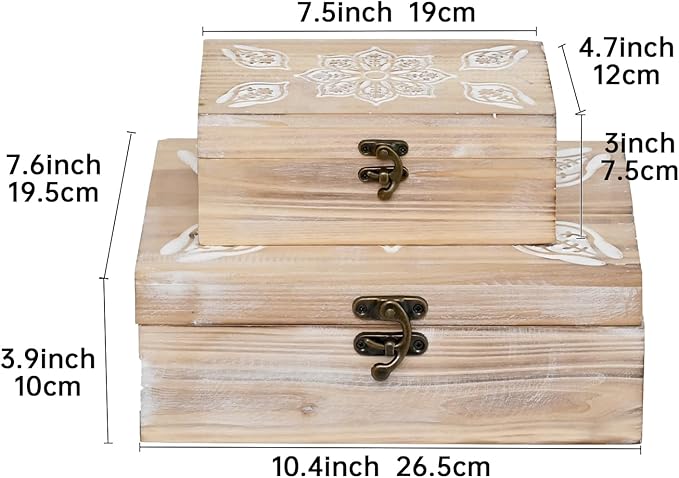 Mandala Carved Wooden Box Set of 2, Rustic Decorative Storage Boxes with Metal Latch, Handcrafted Mandala Flower Design Keepsake Boxes for Jewelry, Photos, Home Decor, Coffee Table