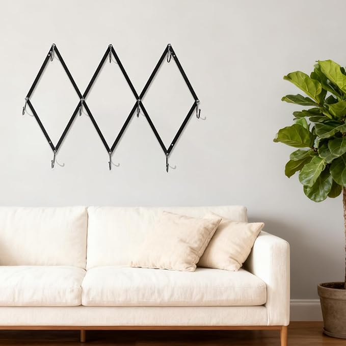 Kathfly Vintage Accordion Wall Hanger with 10 Hooks Folding Hand Forged Iron Accordion Rack Metal Expending Hat Coat Rack Wall Hook for Towels, Hats, Mugs, Bags, Stockings