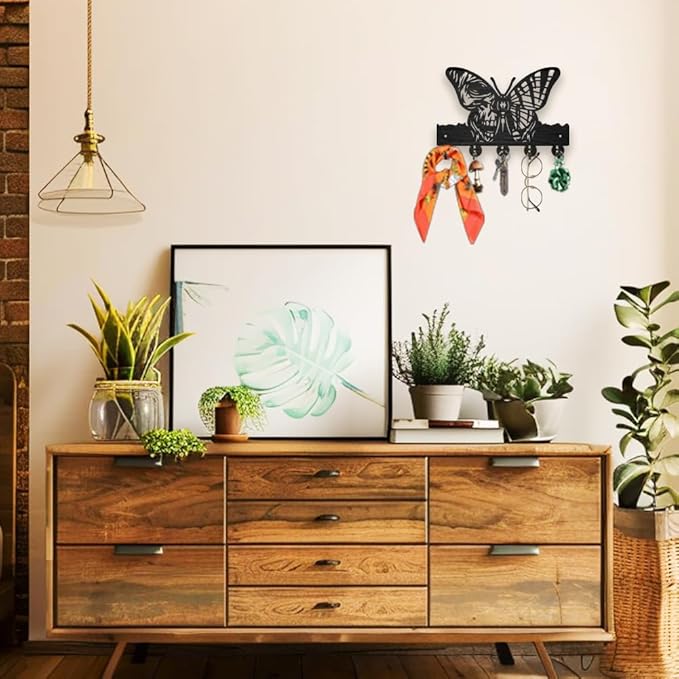 MAYJOYDIY Wooden Skeleton Butterfly Key Hook Insect Skull Coat Holder for Wall 11.8×7.8 inch Black Art Key Holder with 5 Alloy Hooks for Entryway Bedroom Living Room Home Decor