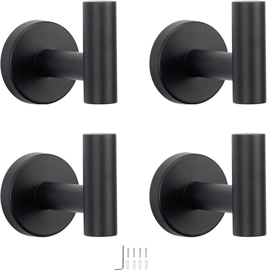 NearMoon Bath Towel Hooks- SUS 304 Stainless Steel Robe Hook Holder, Heavy Duty Coat Hook for Bathroom Livingroom Hotel Kitchen Garage, Wall Mounted (Matte Black, 4 Pack)