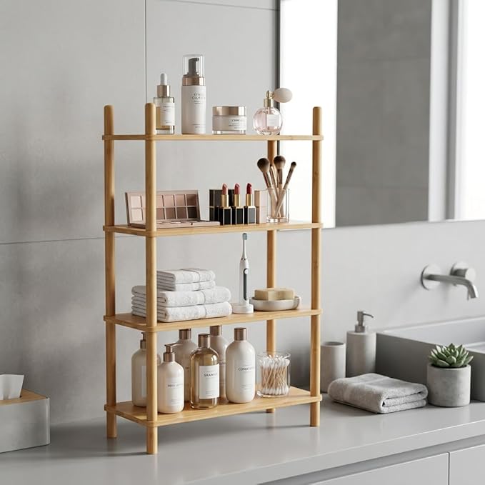 4-Tier Expandable Bamboo Desktop Organizer Shelf Kitchen Cabinet and Counter Riser Display Shelf for Top of Desk Home Office Bathroom Coffee Table Display Stand