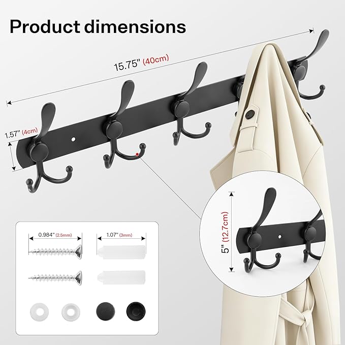 Black Wall Mounted Coat Rack – L-Shaped Towel Rack for Hats - 5 Tri Hooks, Heavy Duty, Stainless Steel, Metal Coat Hook Rail for Coat Hat Towel Purse Robes Mudroom Bathroom Entryway (Black, 2 Packs)