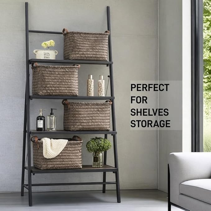 GIB Large Wicker Storage Baskets for Shelves, Woven Laundry Basket for Organizing Clothes Blanket Basket, Decorative Rectangular Closet Organizers Storage Bins with Handles, Black/Dark Gray, 4 Pack