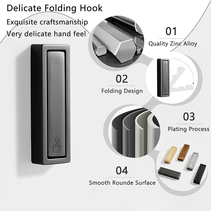 4PCS Folding Coat Hooks, Heavy Duty Wall Hooks Made of Zinc Alloy with Fixing Accessories, Foldable Wall Hooks for Hanging Clothes, Keys, Towels (Gray)