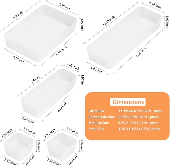 5PCS Frosted Plastic Drawer Organizers Set, 4 Sizes Desk Drawer Divider Organizers and Storage Bins Separation Box for Makeup, Jewelries, Gadgets, Bathroom, Kitchen, Office, Bedroom, Dresser