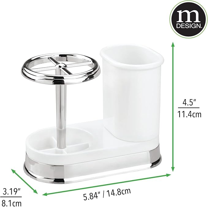 mDesign Decorative Bathroom Dental Storage Organizer Holder Stand for Electric Spin Toothbrush/Toothpaste - Compact Design for Countertop and Vanity, Holds 4 Standard Brushes - White/Chrome