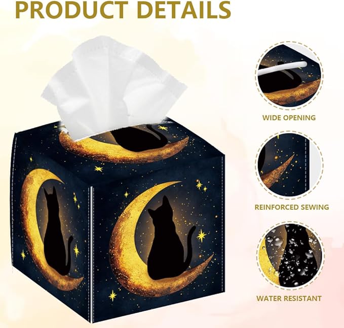 Moon Cat Tissue Box Holder, Starry Sky Square Tissue Box Cover Foldable Tissue Storage Box Waterproof Paper Towel Case Container Organizer Tissue Box Holder for Bedroom Office Car